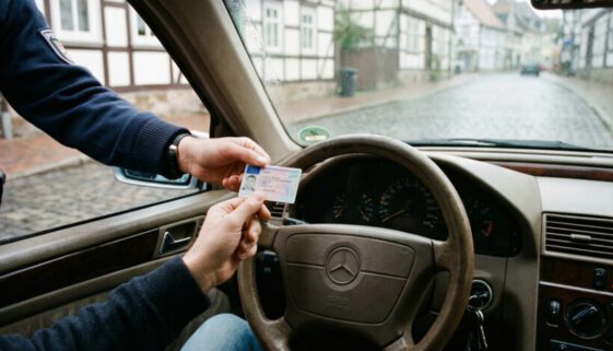 Ein Fahrer am Lenkrad hält zögerlich seinen EU-Führerschein, während eine polizeiliche Hand bestimmt danach greift.