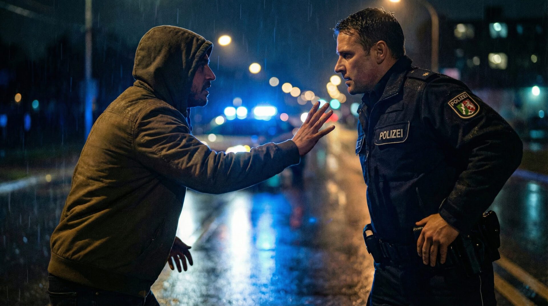 Eskalierende Situation bei einer Polizeikontrolle mit Blaulicht im Hintergrund