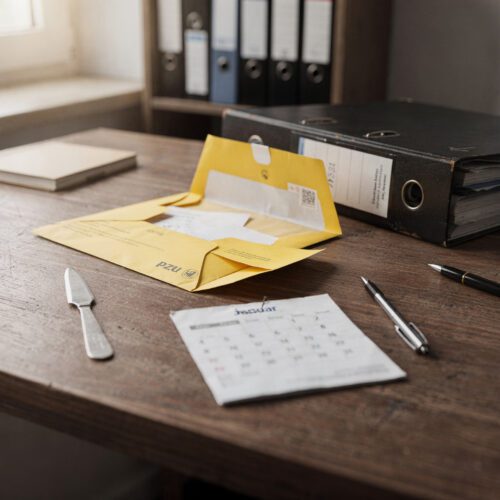 Ein aufgerissener gelber Briefumschlag neben einem Tischkalender mit dem Blatt Januar auf einem unaufgeräumten Schreibtisch.