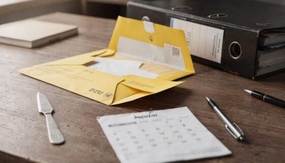 Ein aufgerissener gelber Briefumschlag neben einem Tischkalender mit dem Blatt Januar auf einem unaufgeräumten Schreibtisch.