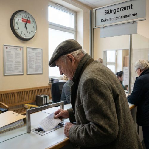 Ein älterer Mann schiebt einen handgeschriebenen Zettel unter die Glasscheibe eines kargen Behördenschalters.
