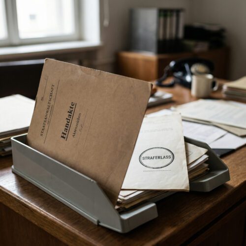 Eine leere Unterschriftenzeile unter einem Straferlass-Stempel in einer aufgeschlagenen Akte im Postausgangskorb.