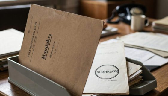 Eine leere Unterschriftenzeile unter einem Straferlass-Stempel in einer aufgeschlagenen Akte im Postausgangskorb.