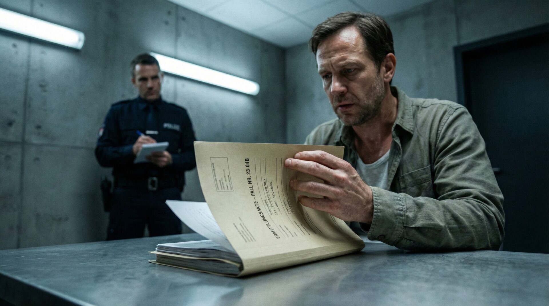 Ein nervöser Mann blättert unter den strengen Augen eines Polizeibeamten in einem kargen Büroraum in einer dicken Ermittlungsakte