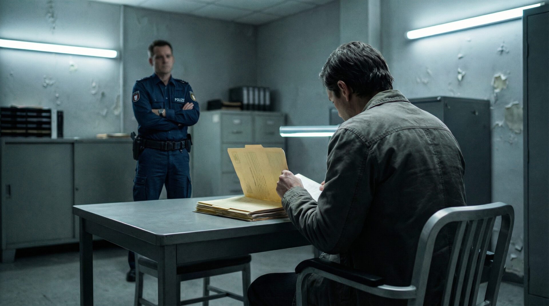 Eine Person blättert unter Aufsicht eines Polizisten in einem Aktenordner