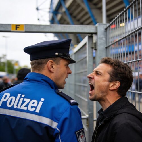 Aggressiver Fußballfan schreit einem Polizisten mit vor Wut verzerrter Mimik direkt ins Gesicht.