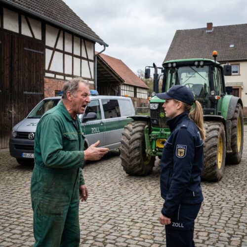 Ein wütender Landwirt schreit einem Zollbeamten aggressiv ins Gesicht und zeigt mit dem Finger auf ihn.