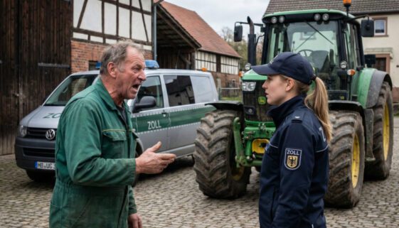 Ein wütender Landwirt schreit einem Zollbeamten aggressiv ins Gesicht und zeigt mit dem Finger auf ihn.