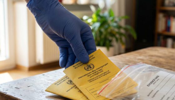 Eine Hand im Latexhandschuh greift auf einem Holztisch nach zwei gelben Impfpässen neben einem Beweismittelbeutel.