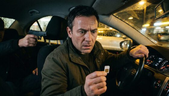 Eine SIM-Karte in einer verkrampften Hand, während im dunklen Auto ein bedrohlicher Pistolenlauf auf den Mann zielt.
