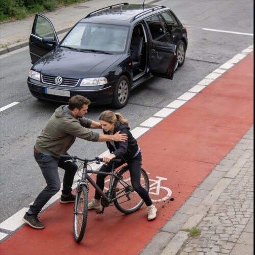 Ein Autofahrer schubst eine Radfahrerin aggressiv von ihrem Fahrrad, sodass sie auf der Fahrradstraße zu stürzen droht.