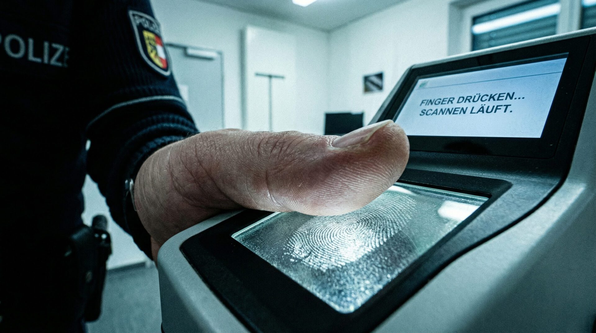 Finger wird auf einen Scanner für Fingerabdrücke gedrückt