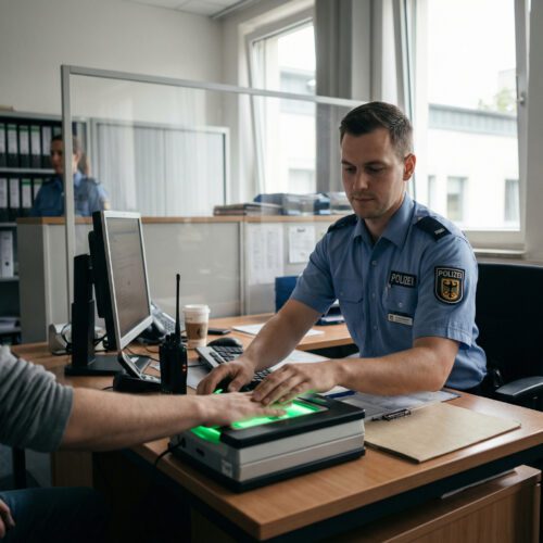 Eine behandschuhte Hand drückt eine Fingerkuppe kontrolliert auf das grün leuchtende Glas eines Fingerabdruck-Scanners.