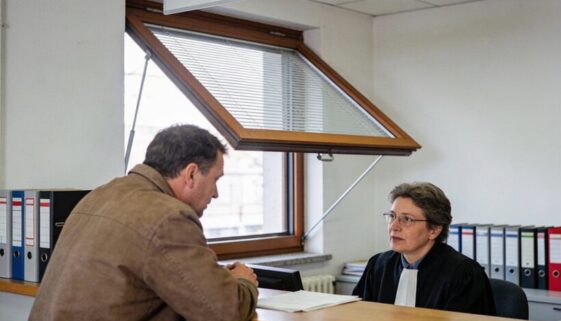 Ein laienhafter Mann spricht am Schalter der Rechtsantragstelle eines Gerichts mit einem Justizbeamten.