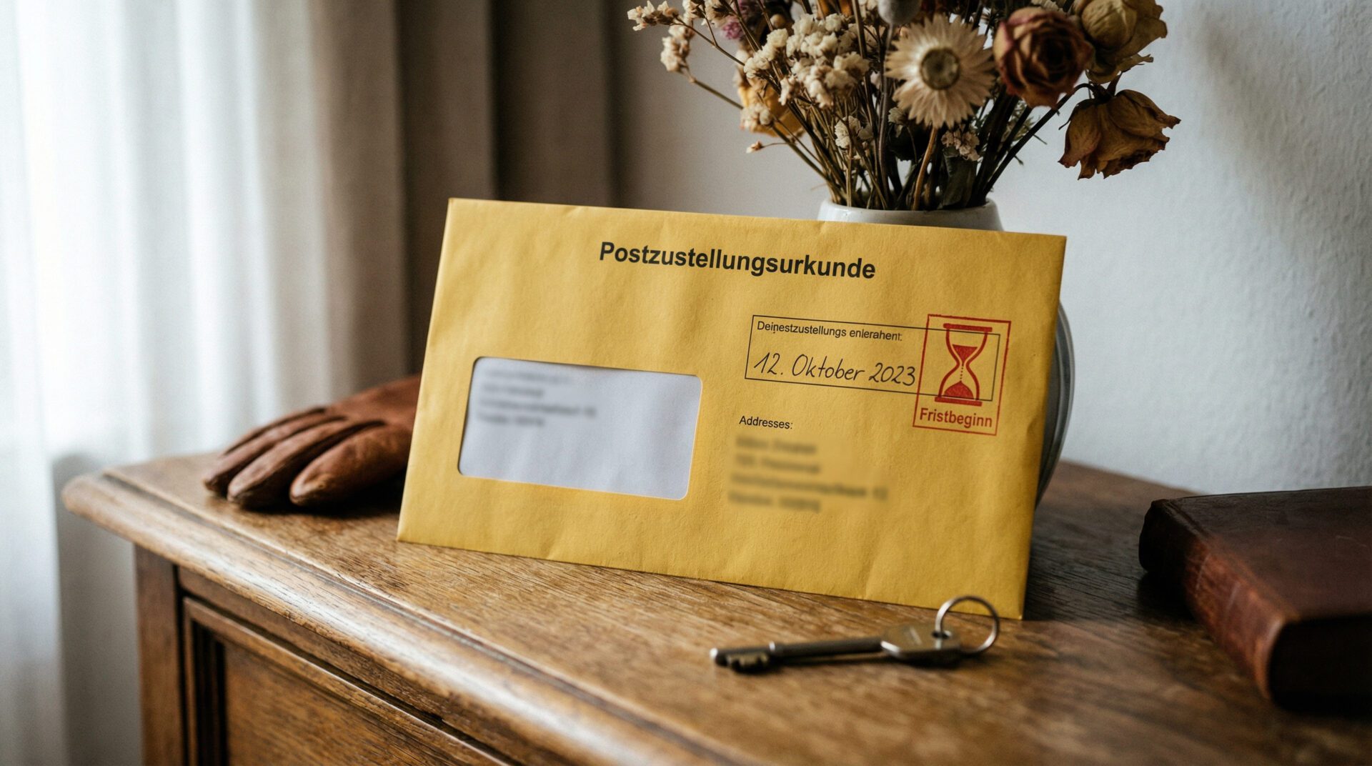 Gelber Briefumschlag (Postzustellungsurkunde) mit handschriftlichem Datum