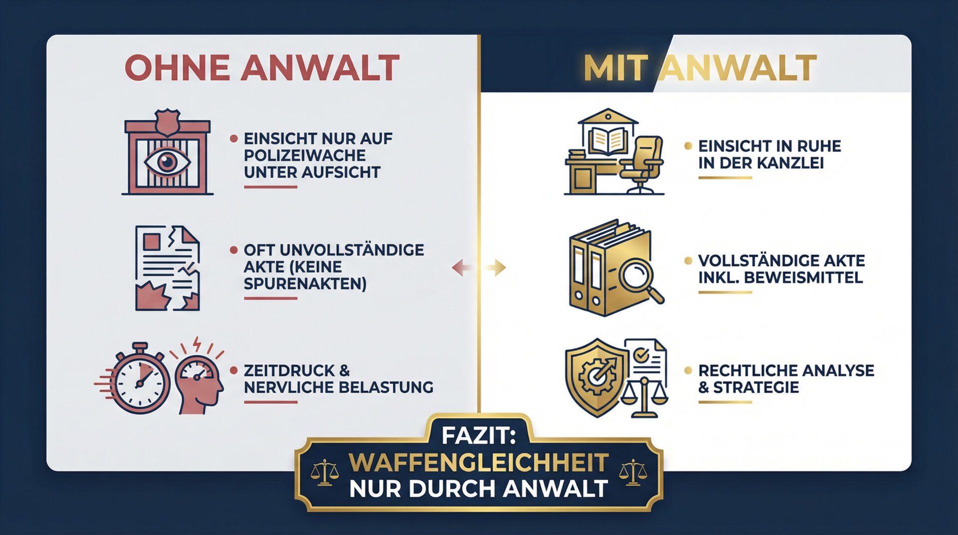 Vergleichsgrafik Akteneinsicht: Links die Nachteile ohne Anwalt (Polizeiwache, Aufsicht, unvollständig), rechts die Vorteile mit Anwalt (Kanzlei, Ruhe, Vollständigkeit).
