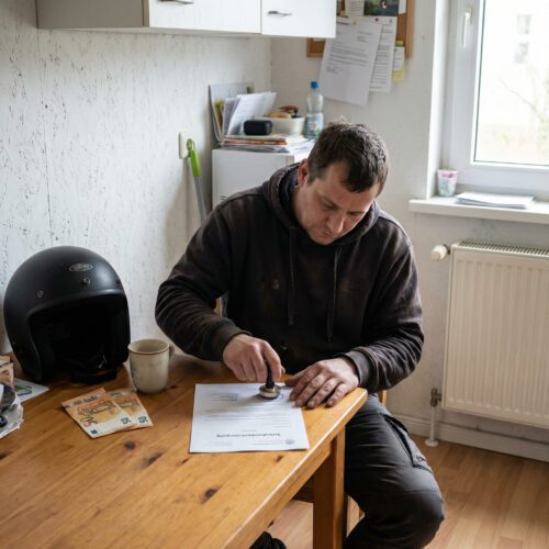 Ein Mann stempelt an einem unordentlichen Tisch eine Bescheinigung neben einem Motorradhelm und Geldscheinen.