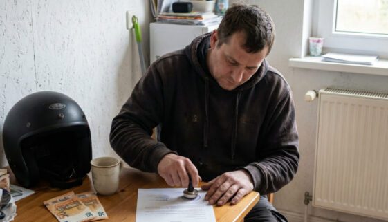 Ein Mann stempelt an einem unordentlichen Tisch eine Bescheinigung neben einem Motorradhelm und Geldscheinen.