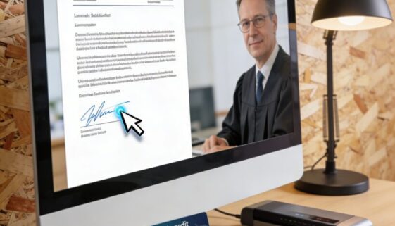 Ein Mauszeiger zieht am Monitor eine digitale Unterschrift gezielt in ein Dokument mit fremdem Anwalts-Briefkopf.