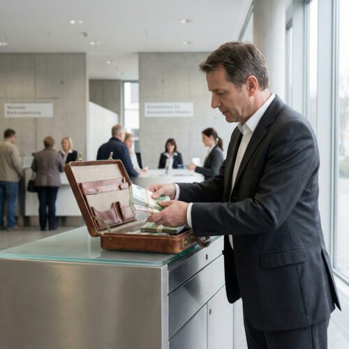 Ein Mann im Anzug packt am Bankschalter hastig dicke Euro-Geldbündel vom Tresen in eine Leder-Aktentasche.