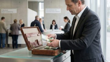 Ein Mann im Anzug packt am Bankschalter hastig dicke Euro-Geldbündel vom Tresen in eine Leder-Aktentasche.
