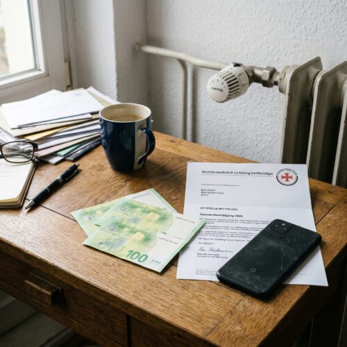 Unberührte 100-Euro-Scheine liegen neben einem offiziellen Brief der Seenotretter auf einem verstaubten Schreibtisch.