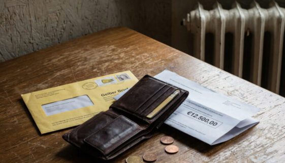 Wenige Kupfermünzen in einem abgewetzten Geldbeutel liegen neben einer hohen Euro-Forderung auf einem alten Holztisch.