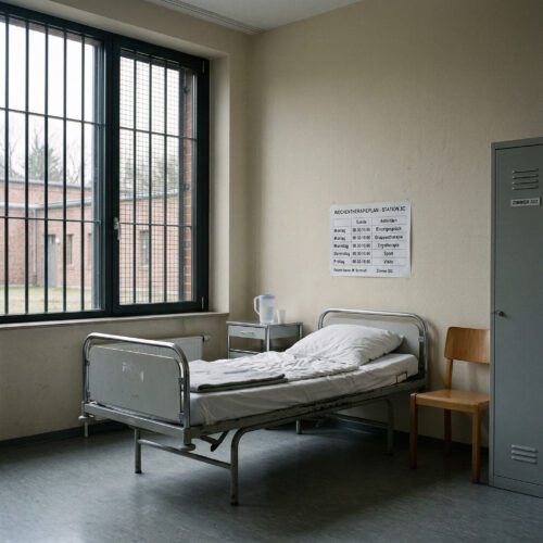 Ein schlichtes Klinikbett vor einem massiv vergitterten Fenster in einem sterilen, kargen Patientenzimmer.