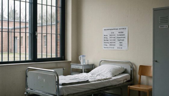 Ein schlichtes Klinikbett vor einem massiv vergitterten Fenster in einem sterilen, kargen Patientenzimmer.