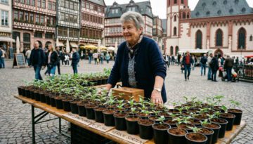 Zahlreiche kleine Plastiktöpfe mit jungen Cannabis-Trieben in faserigem Kokossubstrat stehen dicht auf einem Klapptisch.