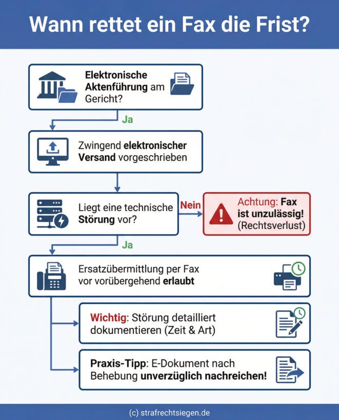 Infografik: Flussdiagramm zur elektronischen Übermittlung von Rechtsmitteln. Es zeigt auf, dass bei bestehender E-Akten-Pflicht der elektronische Versand zwingend ist. Ein Fax ist nur im Fall einer technischen Störung erlaubt und erfordert zwingend eine präzise Dokumentation des Ausfalls sowie das sofortige elektronische Nachreichen des Dokuments.