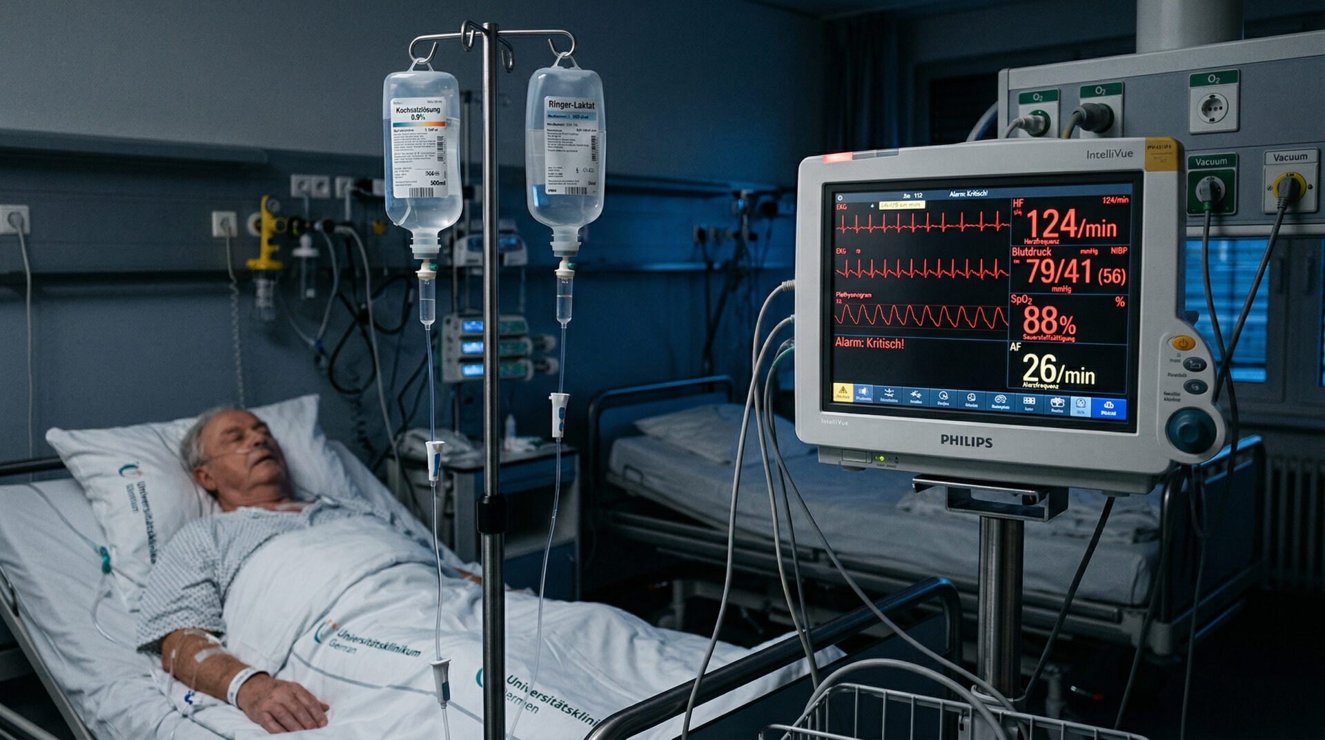 Medizinischer Monitor mit roten Warnwerten neben einem Krankenhausbett und Infusionsbeuteln mit klarer Flüssigkeit.