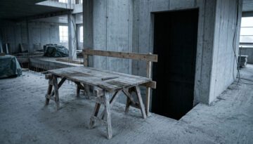 Holzgerüst in einem Rohbau direkt neben einem tiefen, unzureichend gesicherten Aufzugsschacht mit liegendem Werkzeug.