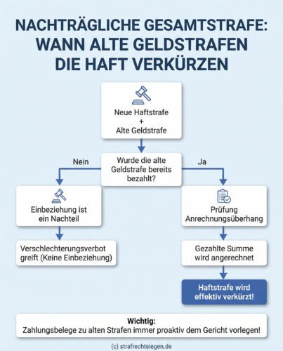 Infografik: Flussdiagramm zur nachträglichen Gesamtstrafe. Zeigt, wie eine bereits bezahlte alte Geldstrafe die neue Haftstrafe verkürzen kann.
