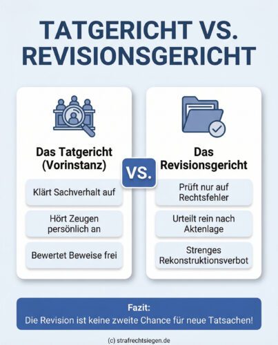 Infografik: Gegenüberstellung der Aufgaben von Tatgericht und Revisionsgericht im Strafprozess.