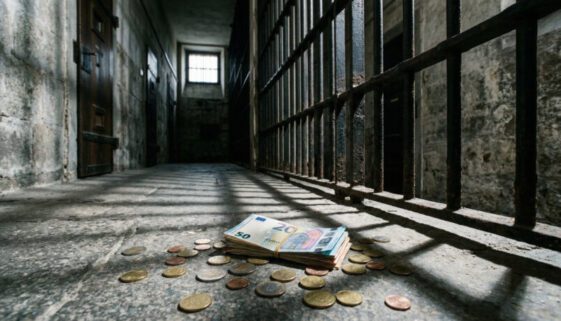 Euro-Geld auf rauem Steinboden im harten Schattenwurf massiver eiserner Gefängnisgitterstäbe.