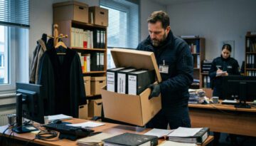 Ermittler heben invasiv Aktenordner von einem Schreibtisch, im Hintergrund hängt eine schwarze Anwaltsrobe.