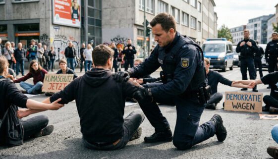 Polizist wendet Schmerzgriff an der Schulter eines Demonstranten an, der mit anderen Personen auf Asphalt fest verhakt ist.