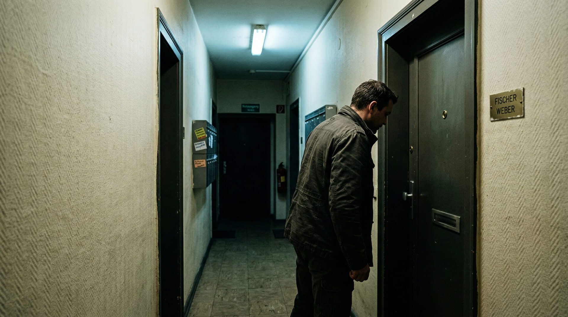 Ein aggressiver Mann steht nachts in einem engen Flur bedrohlich nah vor einer verschlossenen Wohnungstür.