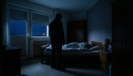 Männliche Silhouette steht im fahl beleuchteten Schlafzimmer neben einem Bett, in dem eine Person ruhig schläft.