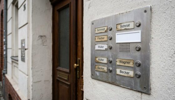 Nahaufnahme eines Klingeltableaus an einem Wohnhaus mit einem leeren, weißen Namensschild ohne Beschriftung.