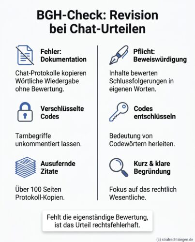 Infografik: Der BGH-Check zur Revision bei Chat-Urteilen zeigt den Gegensatz zwischen der fehlerhaften bloßen Dokumentation von Protokollen und der rechtlich geforderten eigenständigen Beweiswürdigung sowie Entschlüsselung von Codewörtern.