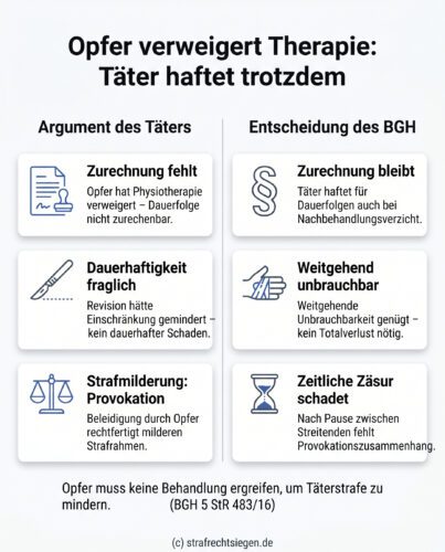 Infografik: Gegenüberstellung der Täter-Argumentation und der BGH-Entscheidung zur strafrechtlichen Zurechnung bei verweigerter Heilbehandlung des Opfers.