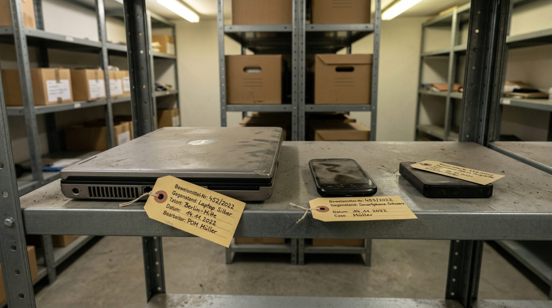 Laptop, Smartphone und Festplatte mit polizeilichen Beweismitteletiketten verstauben in einem grauen Metallregal.