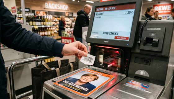 Hand an einer SB-Kasse scannt einen Zeitungsschnipsel vor einem teuren Magazin; das Display zeigt 1,20 Euro an.