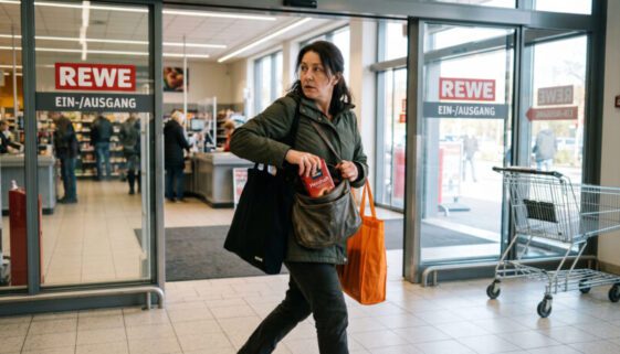 Frau am Supermarktausgang schiebt hastig unbezahlte Ware in ihre Tasche und blickt sich nervös um.