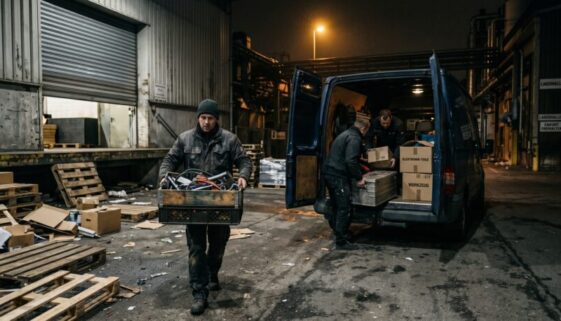 Personen verladen nachts eilig Kisten aus einem Lager in einen Transporter auf einem dunklen Industriehof.