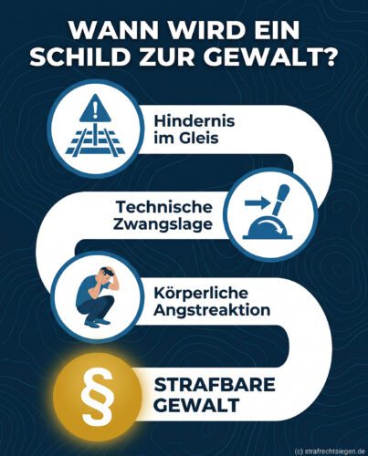 Infografik: Logikkette der Nötigung – Vom Hindernis im Gleis über die Schnellbremsung bis zur strafbaren Gewalt.