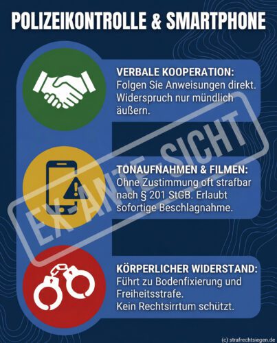 Infografik zur Polizeikontrolle: Ampelschema zeigt Kooperation (grün), Risiko bei Filmen (gelb) und Folgen von Widerstand (rot).