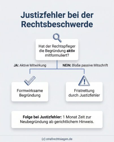 Infografik: Die Wirksamkeit einer Rechtsmittelbegründung erfordert die aktive Mitgestaltung durch den Rechtspfleger; bei rein passiver Mitschrift liegt ein Justizfehler vor, der eine einmonatige Wiedereinsetzungsfrist ermöglicht.